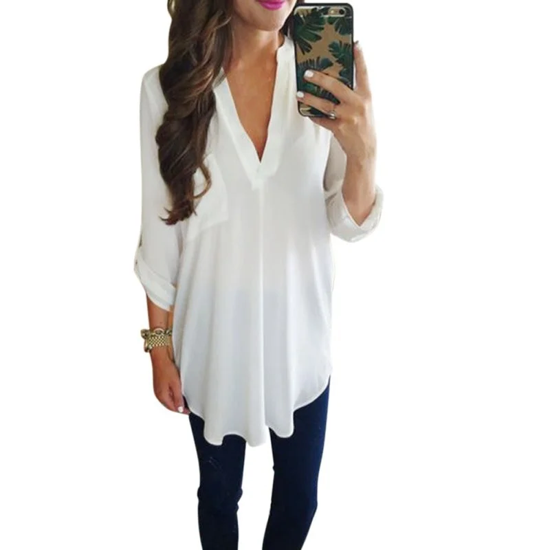 Stylish Women's Loose Three Quarter Sleeve Blouse Casual Autumn V-Neck White Green Blouse Shirt Tops S-3XL Day Shirt Dress