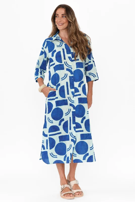 Tricia Blue Geo Cotton Shirt Dress Flared Shirt Dress