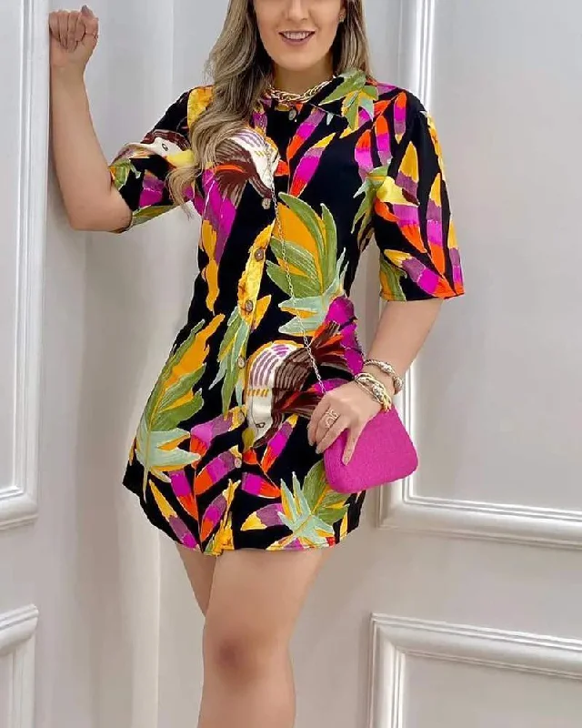 TROPICAL PRINT BUTTON DOWN SHIRT DRESS Shirt Dress Look