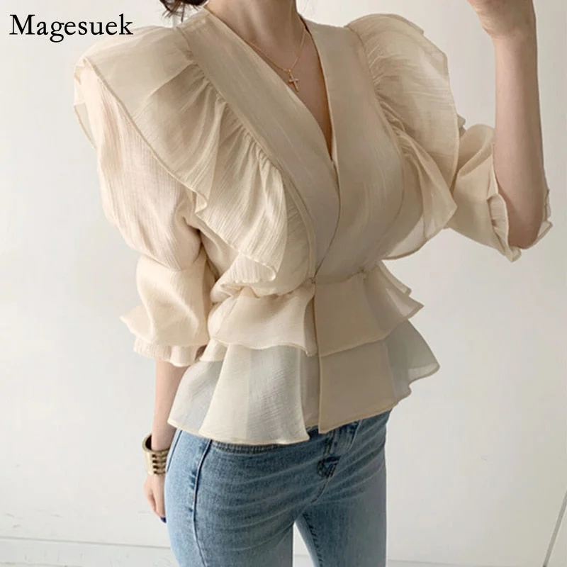 Vintage Chiffon Blouse Women 2023 Puff Sleeve Ruffles V-neck Shirt Women Silm Casual Womens Blouses Tops Mujer 10334 Shirt Dress Wrap