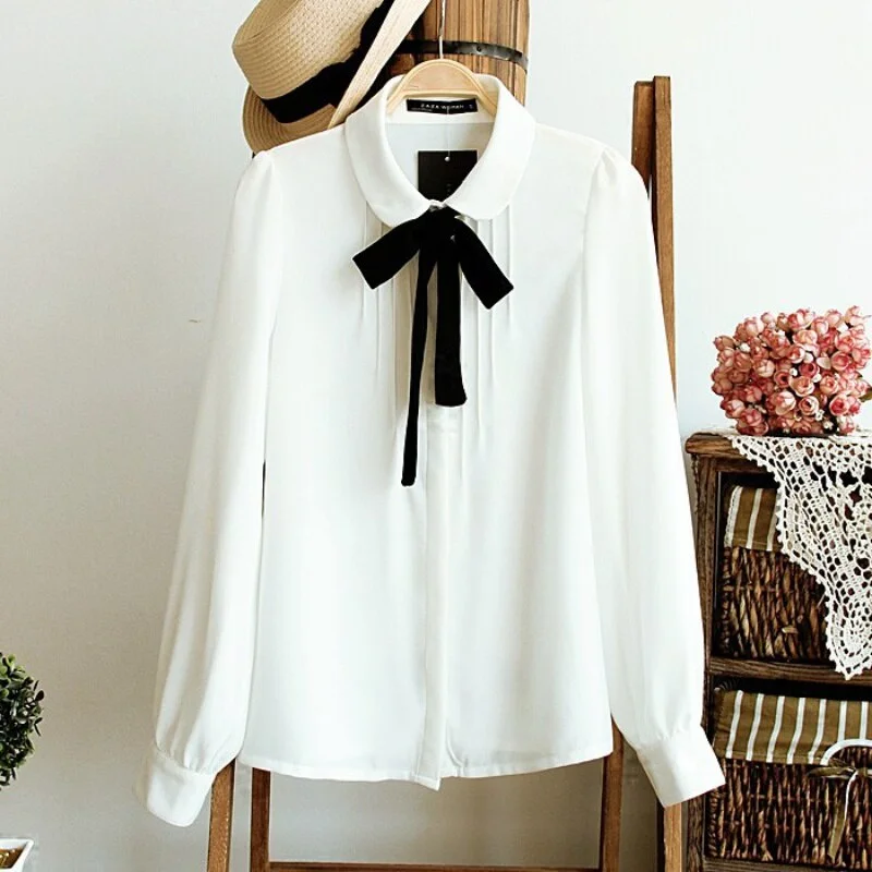 White Blouses Chiffon Peter Peter Pan Collar Casual Shirt Ladies Tops School Blouse 2 style Female Elegant Black Bow Tie Ruffled Shirt Dress