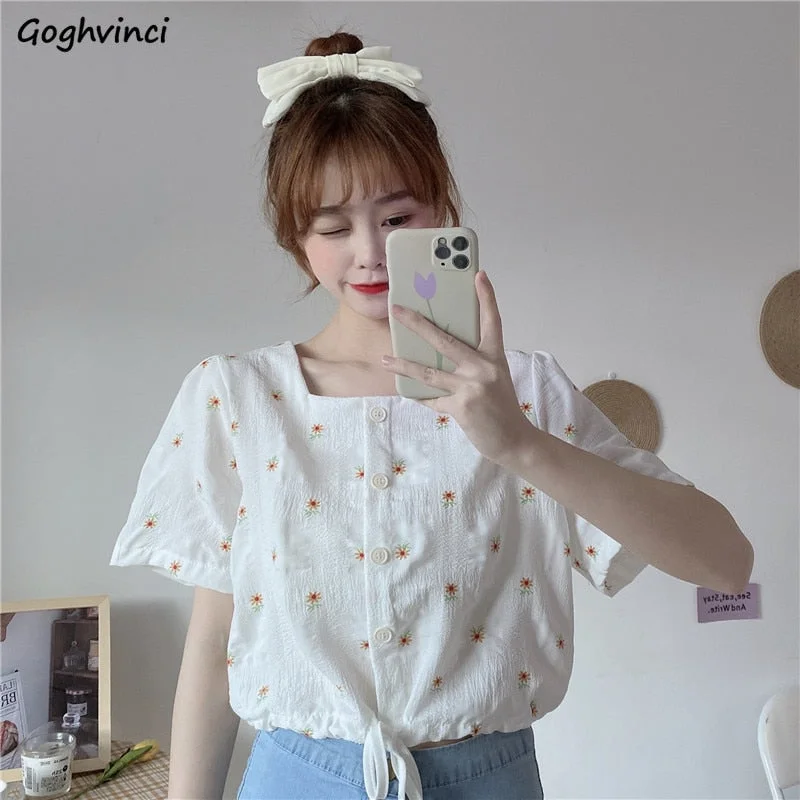 Women Blouses Square-collar Summer Lace-up Printed Daisy Sweet Girls Tops Shirts Korean Style Chic Casual Stylish Simple Elegant Tartan Shirt Gown