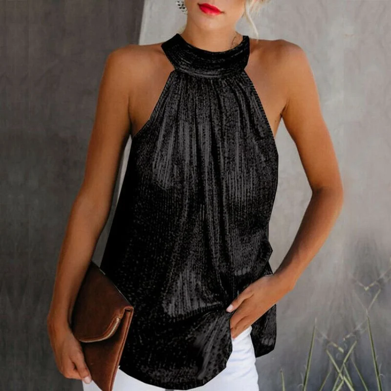 Women Gold Blouse 2023High Neck Sleeveless Hatler Tank Top Vest Summer Casual Loose Blouse Shirt Tee Shift Shirt Dress