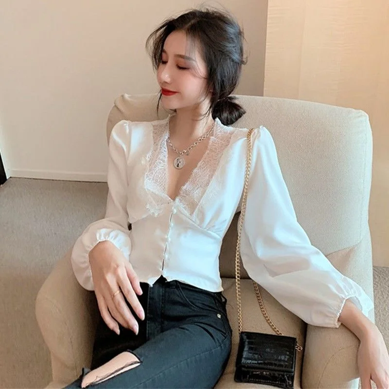 Women Spring Autumn V-neck Tops Female Retro Solid Lace Button Sleeve Button Shirts Vintage Office Lady Casual Slim Blouses Plaid Shirt Dress