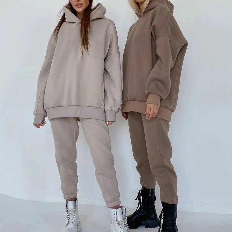 Women Tracksuit Two Piece Sets Winter Fleece Sweatshirts Suit Oversized Hoodies Jogger Pant Sets Casual Solid Sportswear Suit Fit-and-Flare Shirt Dress