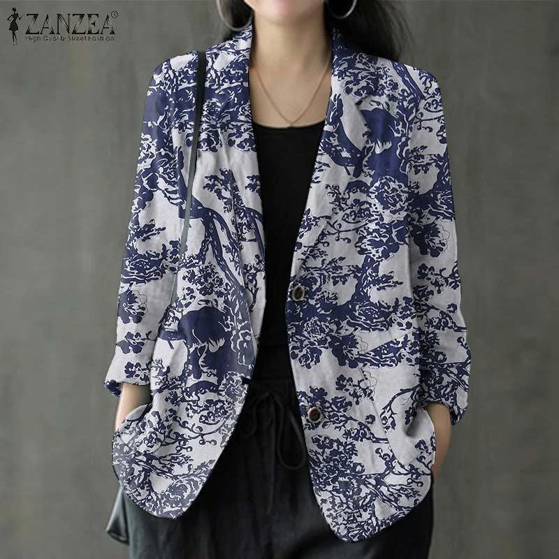 2023 Bohemian Printed OL Blazer ZANZEA Casual Long Sleeve Lapel Coats Women Autumn Vintage Cotton Work Office Jackets Oversized