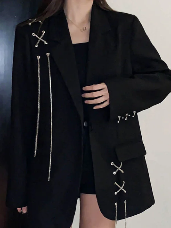 2023 Spring Autumn Elegant Gothic Women Blazer Jacket Casual Solid Double-breasted Pocket Chain Coat Streetwear Y2k