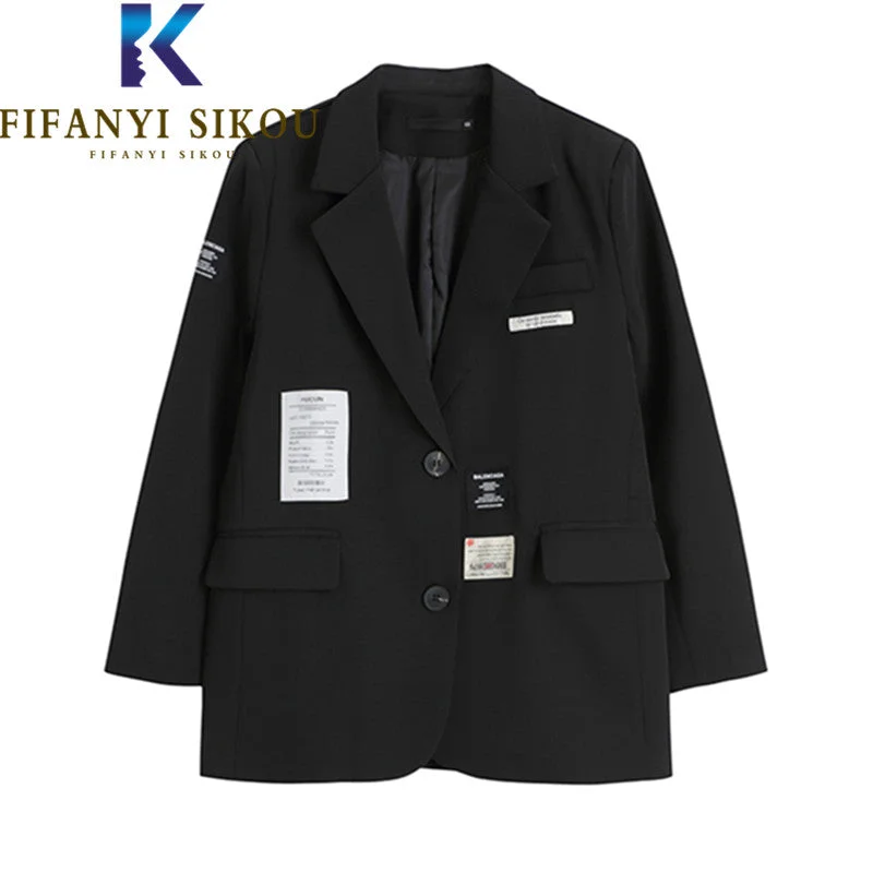 2023 Spring Women Black Blazer Jacket Single Breasted Letter Patch Designs Suit Jacket Female Loose Casual Blazers Coat Women's fleece jackets