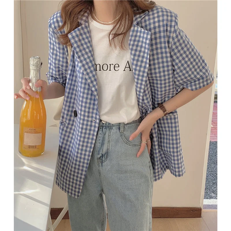 2Colors korean style breif Short sleeve Plaid blazer womens 2023 Summer Loose jacket and coats casual blazer womens (k8183) Best women's jackets for layering