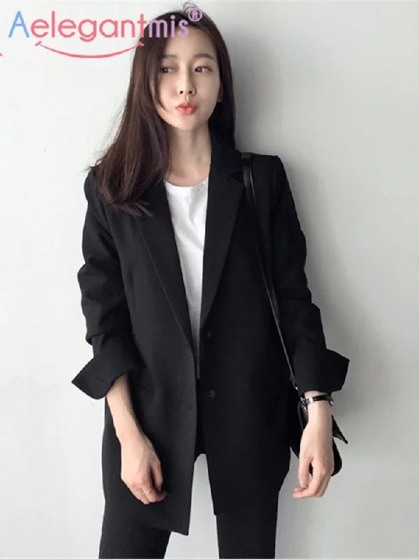 Aelegantmis Elegant Long Sleeve Slim Blazer Jacket Women Casual Black Outwear Spring Autumn Office Lady Suit Blazers Pocket Coat