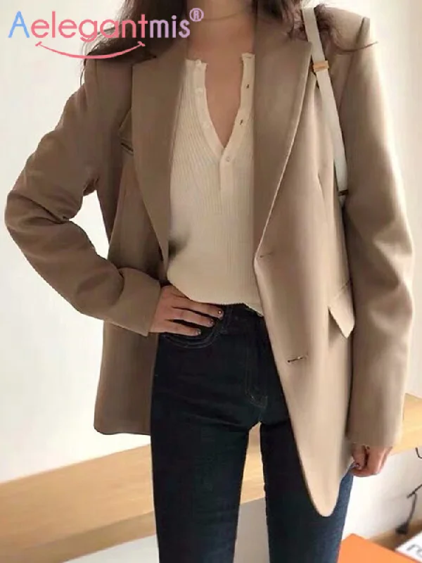 Aelegantmis Spring Blazer Jacket Women Casual Pockets Long Sleeve Work Suit Coat Office Lady Solid Slim Blazers 2023 Women's office jackets