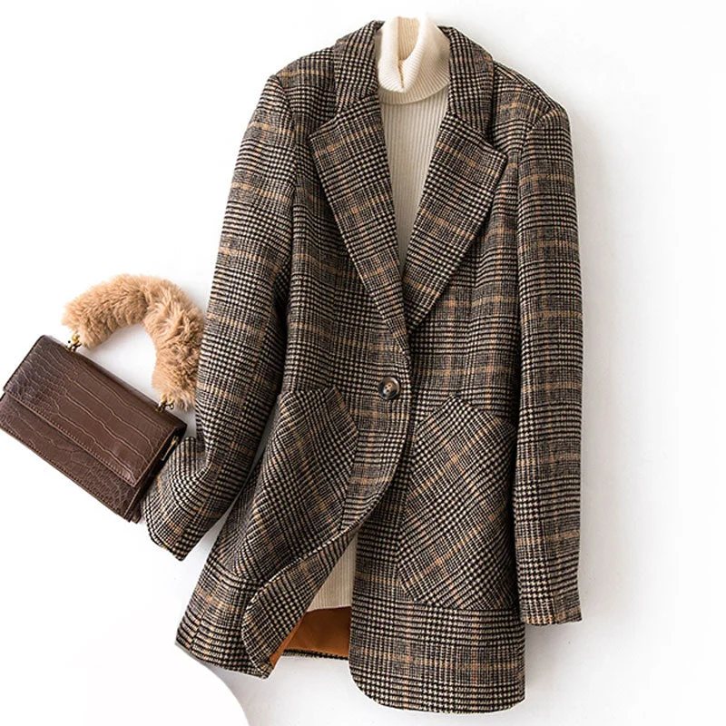 Bella Philosophy Autumn Winter Vintage Women Plaid Suit Woolen Jacket Ladies Slim Casual Wool Blazer Single Breastered Coat Women's ski jackets