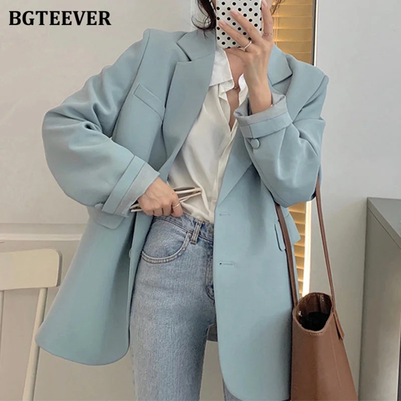 BGTEEVER Spring Autumn Loose  Women Jacket Blazer Casual Notched Collar Long Sleeve Female Jackets 2023 Ladies Suit Coats