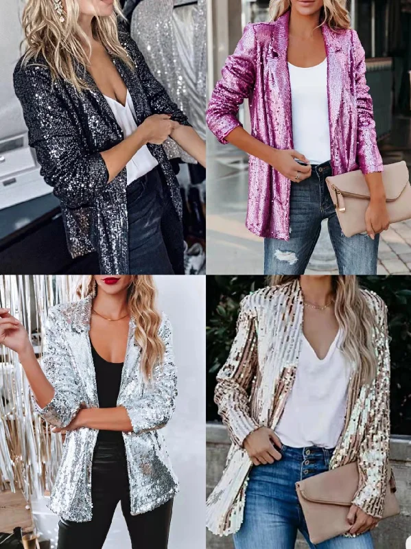 Casual Sequin Lapel Women Blazer Coat 2023 Autumn Long Sleeve Women Jacket Elegant Turn-down Collar Office Lady Uniform Women's suede jackets