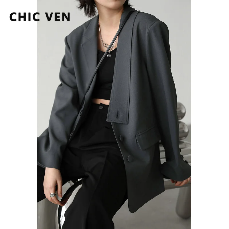 CHIC VEN Korean Women's Small Blazer Simple Casual Solid Design Loose Suit Jacket Office Lady Tops Spring Autumn 2023