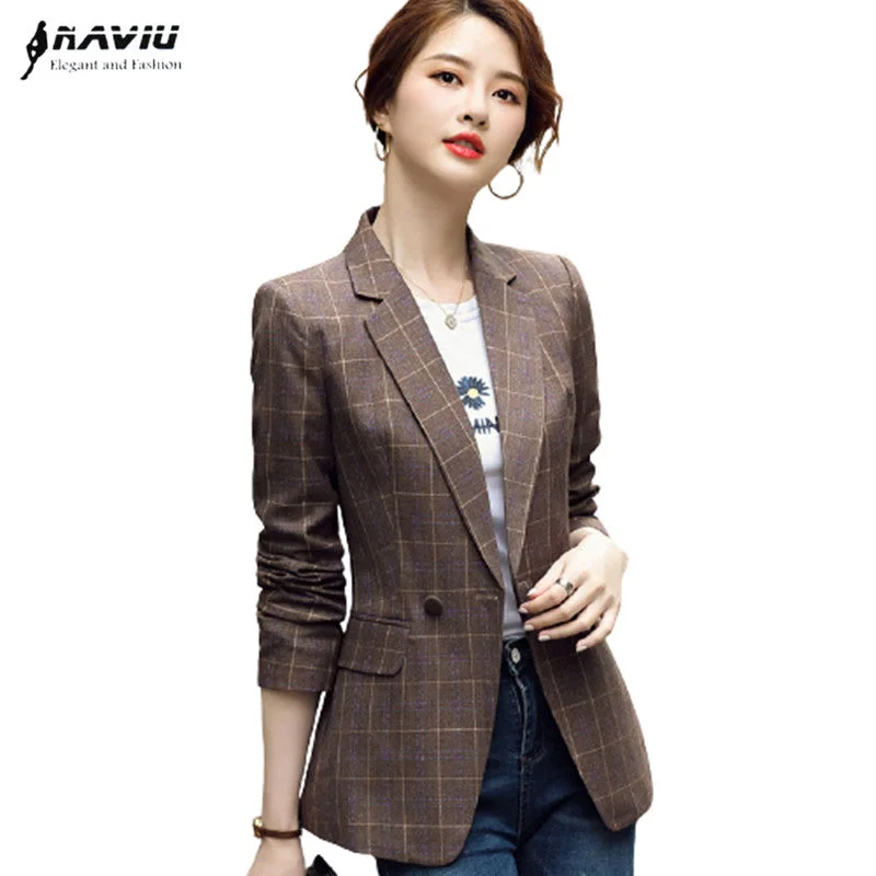 Coffee Plaid Jacket Women Spring Slim Long Sleeve Temperament Casual Blazer Office Ladies Work Coat