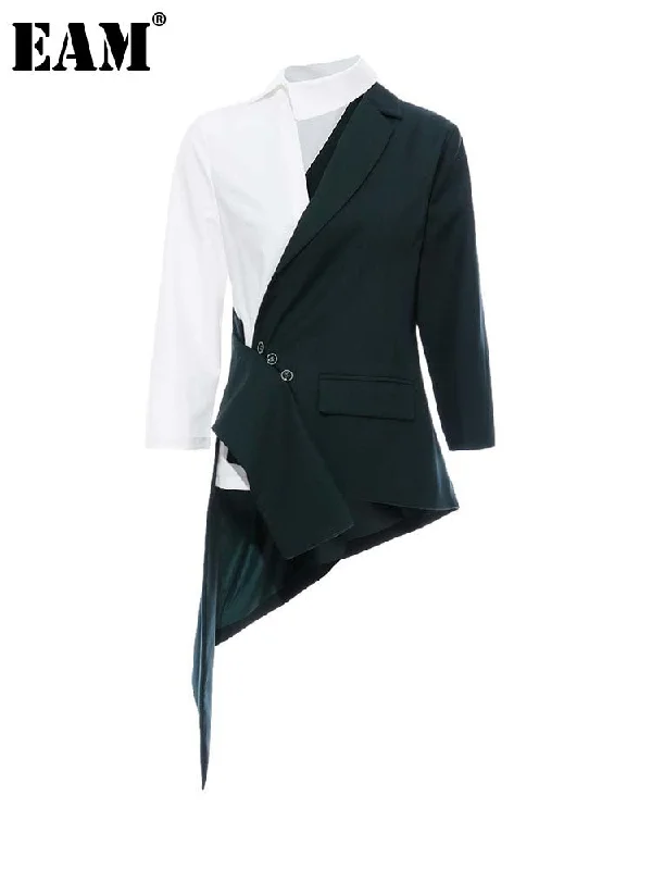 [EAM]  Women Green Irregular Casual Blazer Lapel Long Sleeve Loose Fit Jacket Tide Spring Autumn 2023 1DE9134