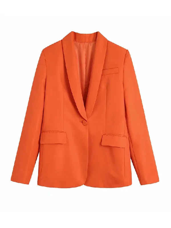 Evfer Office Lady Casual V-Neck Long Sleeve Solid Summer Long Blazers Girls Two Pockets Single Button Orange Slim Jacket Outwear