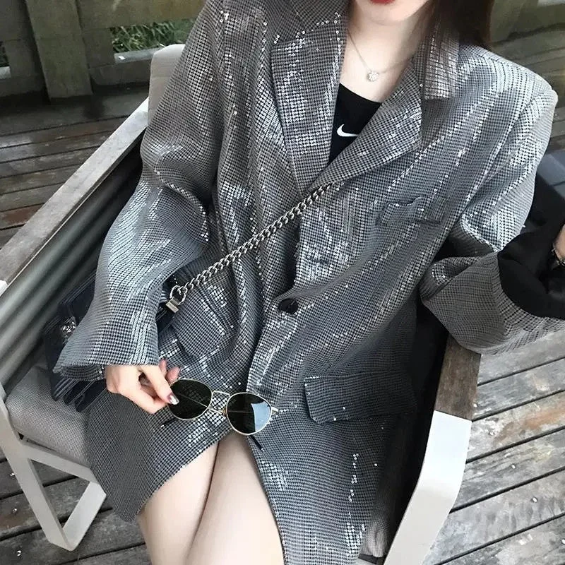 Korean Women Houndstooth Sequin Blazers Loose Casual Notched Collar Long Sleeve Single-breasted Office Lady Female Suit Jacket