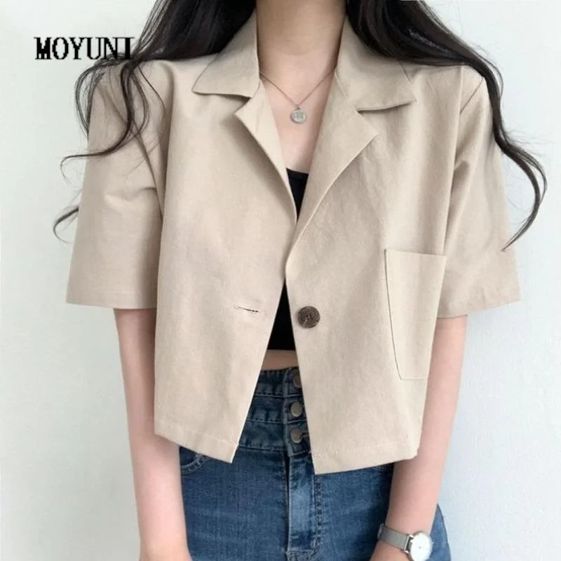 Notched Single Button Suit Summer Retro Casual Short Sleeve Blazers Crop Jacket Thin Korean Chic Blouse Shirts 2023 New