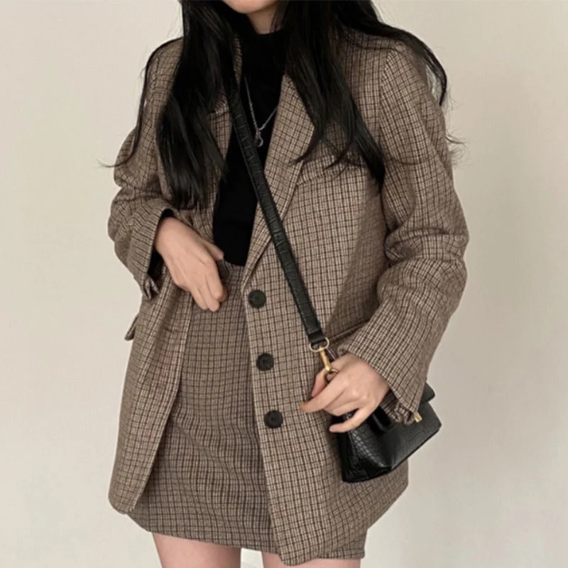 Office Lady Blazer Women Jacket Casual Blazers Coat Work Suit Femme Outerwear Pockets Long Sleeve Coats Plaid Fall