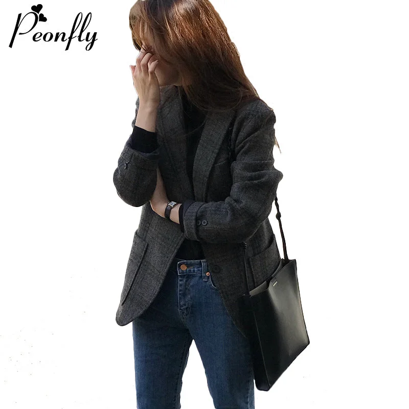 PEONFLY 2023 Spring Jacket Women Coats Vintage Plaid Outwear Casual Notched Collar Single Breasted Office Ladies Jackets Blazer