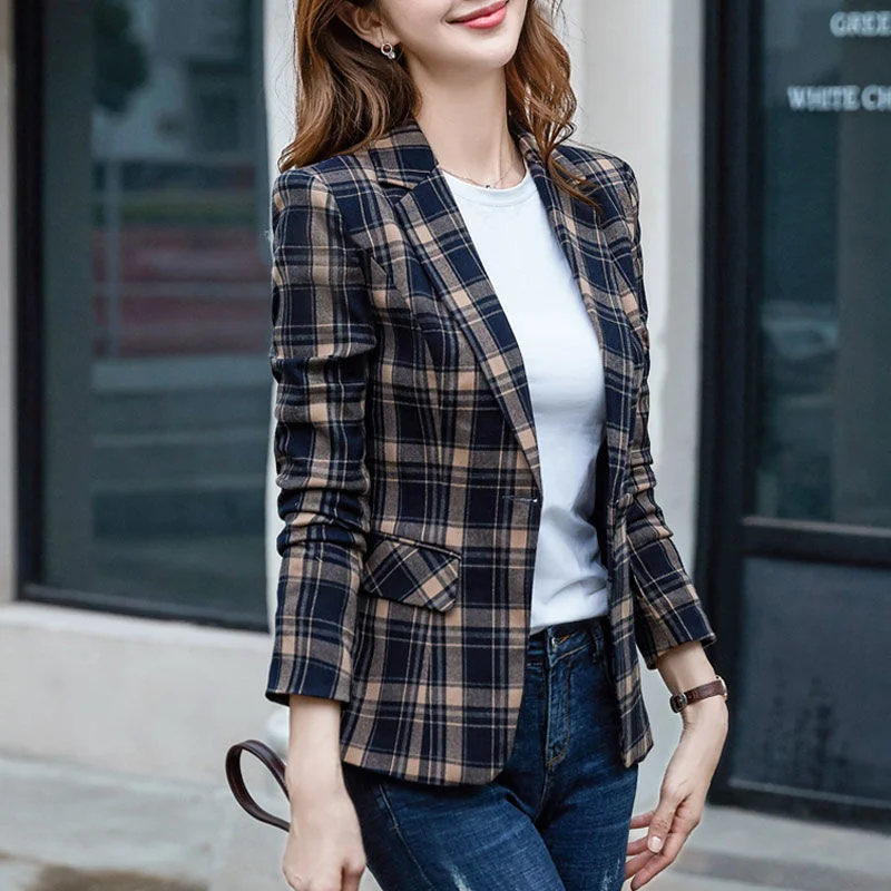 PEONFLY Vintage Casual Plaid Blazer Women Single Button Office Ladies Jacket Coat Notched Collar Long Sleeve Jacket 2023