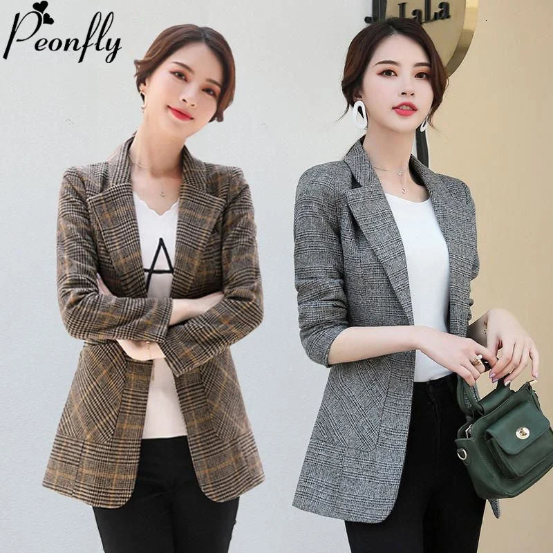 PEONFLY Vintage Office Lady Notched Collar Plaid Women Blazer Single Button Autumn Jacket 2023 Casual Pockets Female Suits Coat Women's waterproof jackets