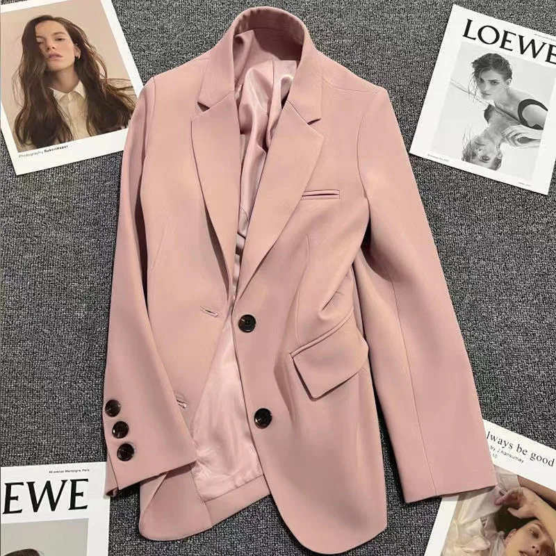 Pink Casual Suit Jacket Women's Top 2023 Spring And Autumn Suit Collar Long-sleeved Pocket Button Loose Suit Jacket Women's lightweight jackets