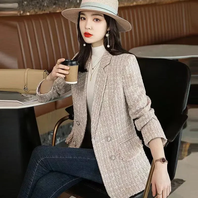 Pink Fragrance Jacket Female Spring And Autumn 2023 Tweed Suit Plaid Casual Blazer Female Blended Wool Coat Ladies