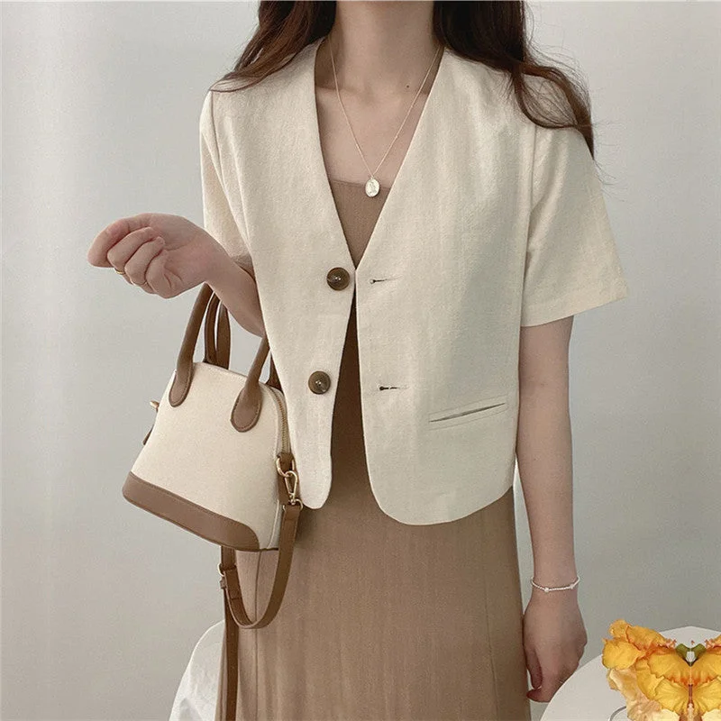 QOERLIN Cotton Linen Blazer Fresh Deep V-Neck Cotton Linen Casual Jacket Women 2023 Korean Two Buttons Short Sleeve Suit Jacket Women's travel jackets