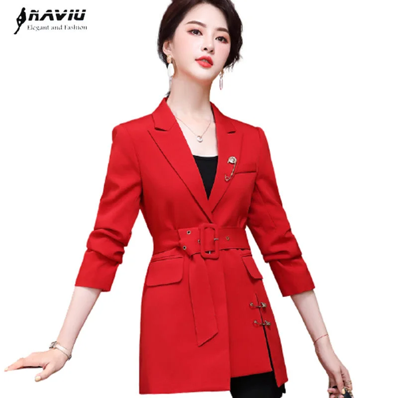 Red Jacket Women Mid Length Temperament Casual Sashes Long Sleeve Blazer Office Ladies Foraml Slim Work Coat