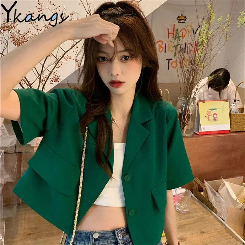 Solid Short Blazer Short Sleeve Jackets for Women Korean Harajuku Casual Korean Style Jackets Gothic Y2k High Street Summer Coat