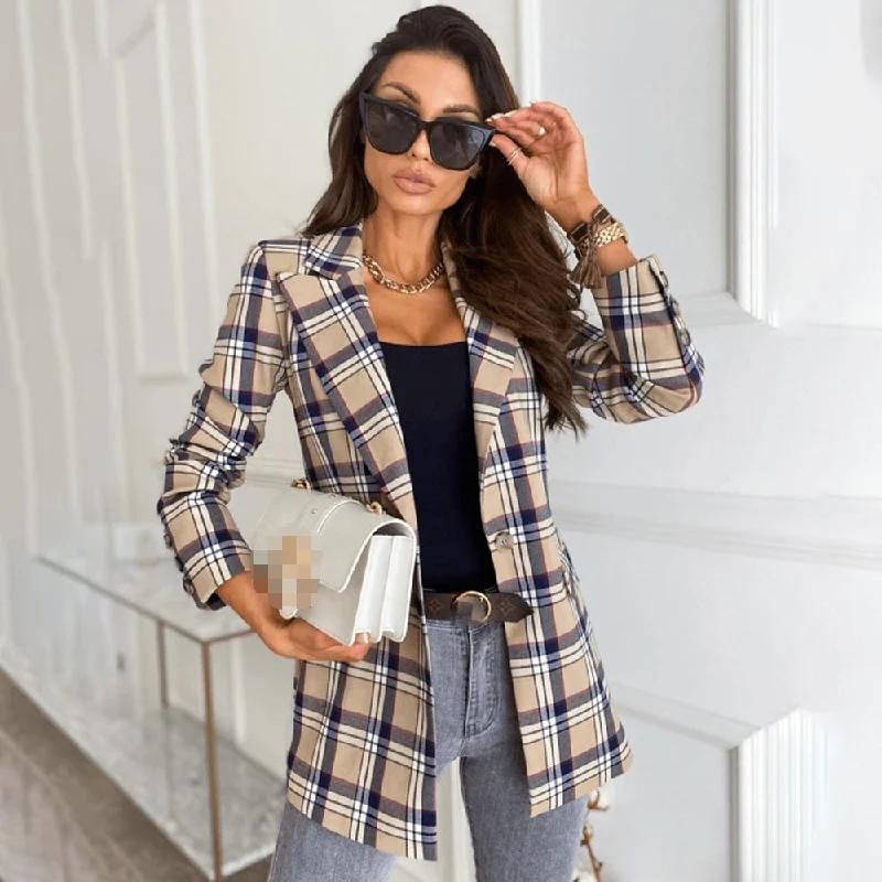 Spring Autumn Notched Collar Plaid Blazers Casual Pockets Long Sleeve Coat Female Outerwear 2023 Korean Loose Jackets Women's long jackets