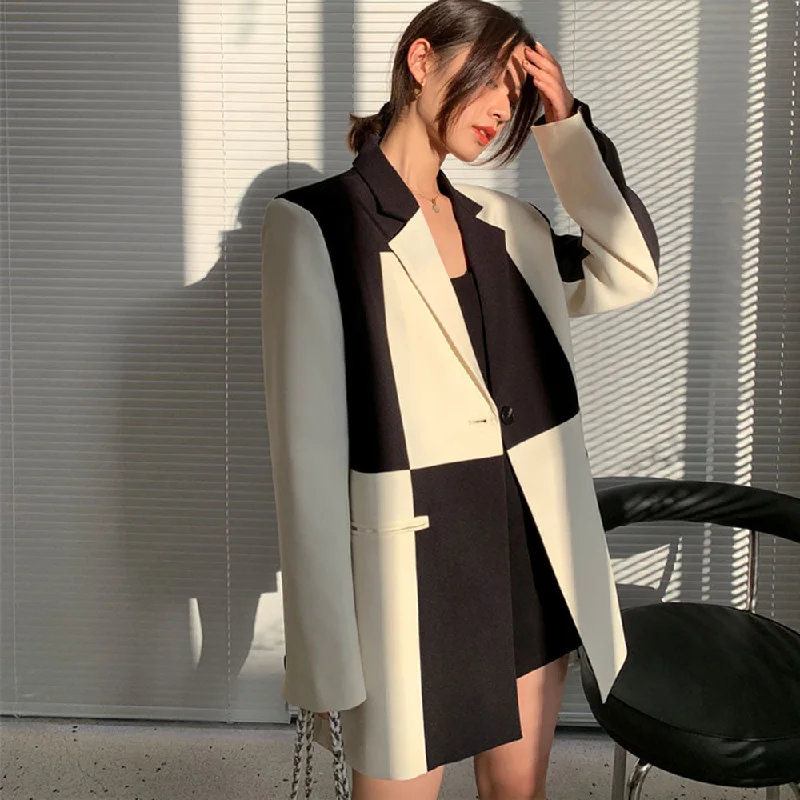 Spring Autumn Patchwork Women's Jacket Black White Asymmetric Casual Female Blazer Loose Office Ladies Work Suit Jackets