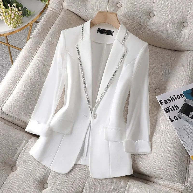 Spring Summer Diamond Suit High End Female Three Quarter Sleeve Jacket Top Casual Blazer Office Women's Clothing 5XL Women's commuter jackets