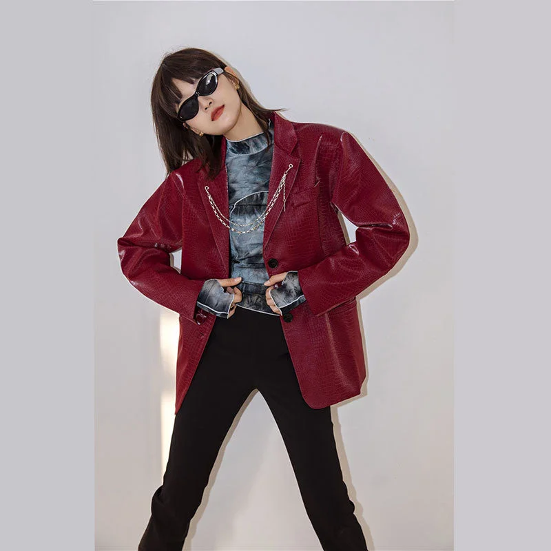 Streetwear Loose Wine Red Faux Leather Blazers Women Chic Chain Notched Collar Long Sleeve Suit Jacket Korean Casual Autumn 2023