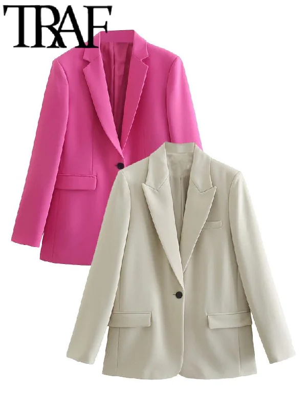 TRAF 2023 Spring Women Casual Office Lady Suit Jacket Long Sleeve Pockets Single Button Blazer Femme Pink Beige Coat