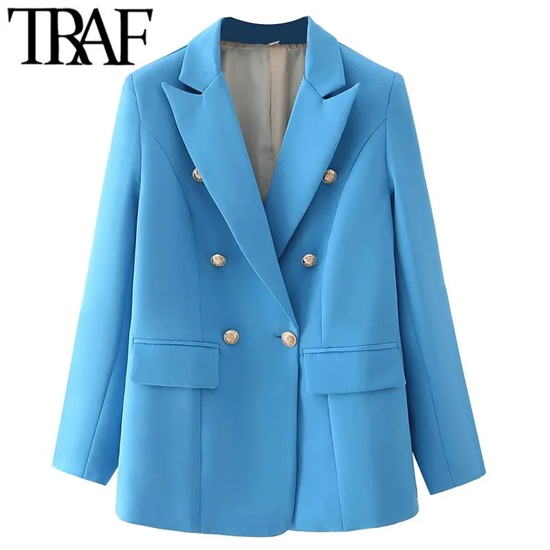 TRAF  Woman 2023 Casual Coat Spring Elegant Office Suit Jacket Ornate Buttons Flap Pockets Long Blue Green Pink Blazers Women's leather jackets