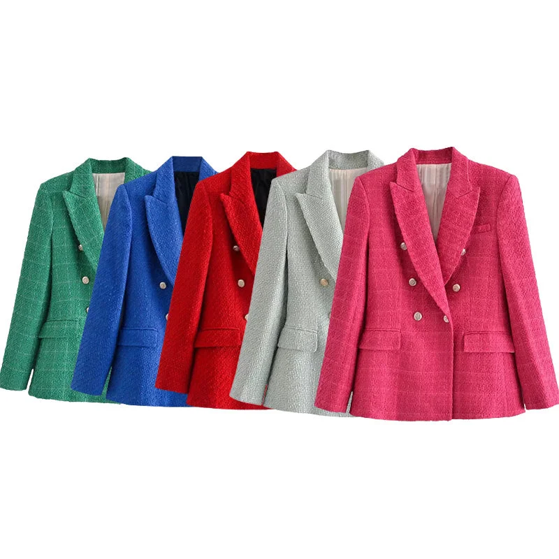 TRAF ZA&ree 2023 Woman Blazer Autumn Textured Double-Breasted Blazer Jacket Casual Long Sleeve Outerwear Suit Coat