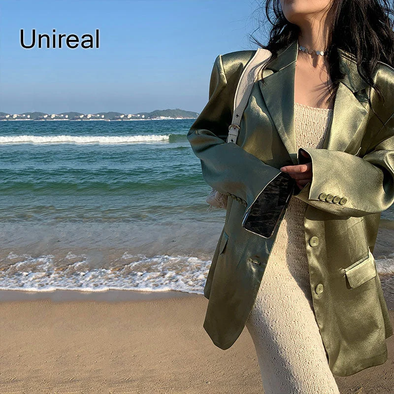 Unireal 2023 Spring Autumn Women Satin Blazer Vintage Coats Casual Streetwear Chic Feamle Green Suit Jacket