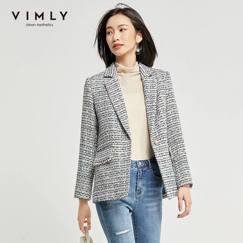 Vimly Women Blazers Autumn Spring Elegant Lapel Single Button Tweed Jacket Slim Business Casual Coat Female F3728