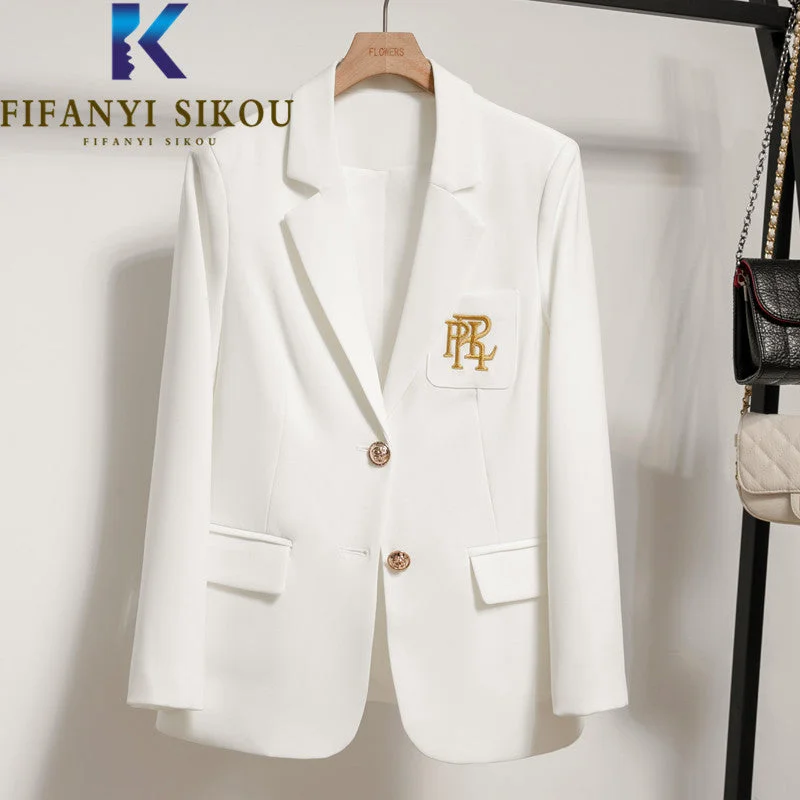 White Blazer Jacket Women  Embroidery Single Breasted Suit Jacket Ladies Casual Office Formal Blazers Coat