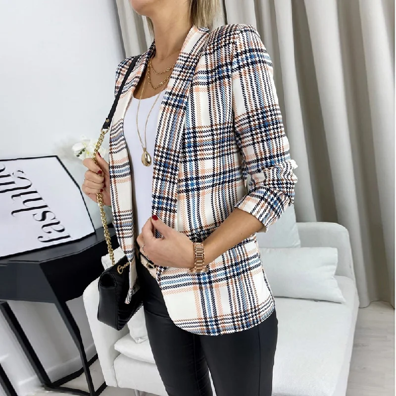 Women Casual Plaid Blazer Aautumn Long Sleeve Open Stitch Slim Blazer Coat Jackets 2023 Office Lady Blazers Outwear