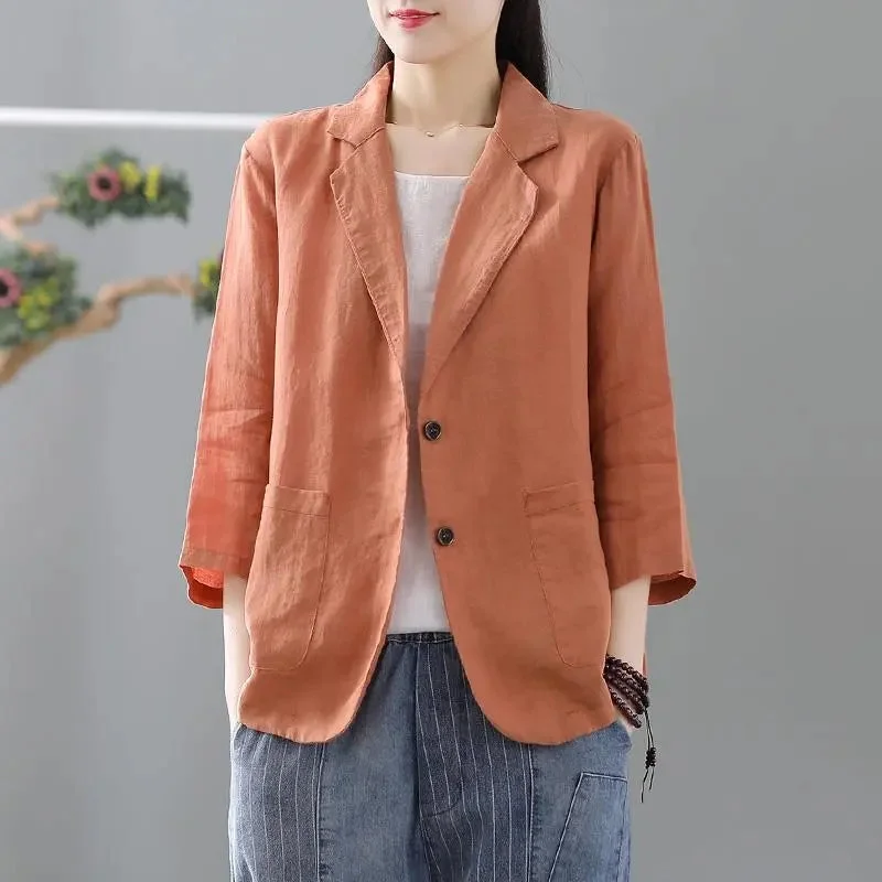 Womens Casual Cotton Linen 3/4 Sleeve Blazers for Women OL Work Loose Blazer with Pockets Summer Female Jacket Coat  White Blue