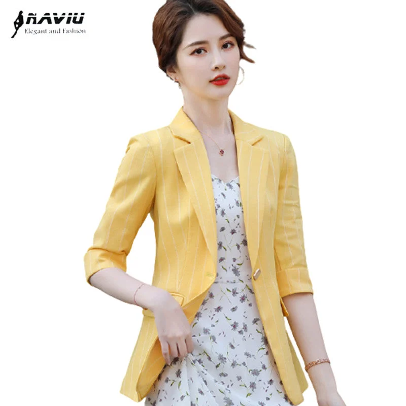 Yellow Stripe Blazer Women Casual Thin 2023 Summer Formal Half Sleeve Slim Jacket Office Ladies Work Coat